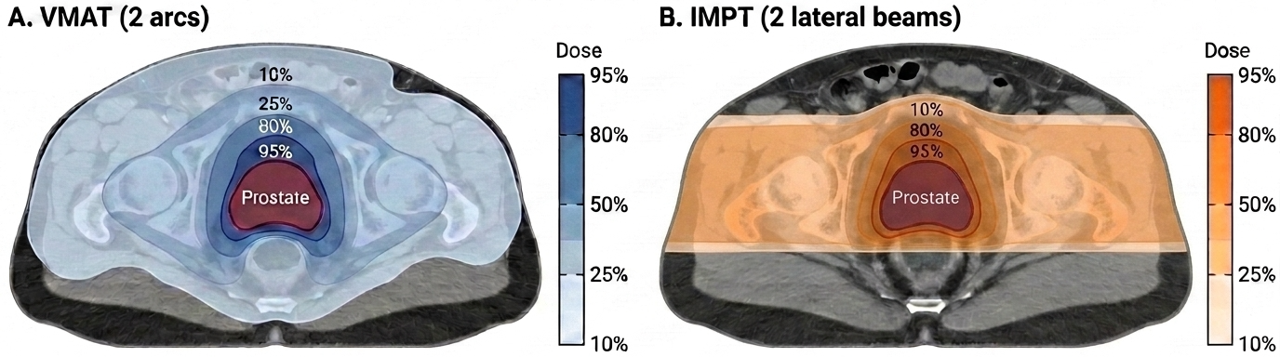 CT scan cross-sections of the pelvis comparing radiation dose distributions for prostate treatment: VMAT with two arcs on the left showing dose spreading in concentric rings around the pelvis, versus IMPT with two lateral beams on the right showing dose confined to a band across the beam paths, both achieving 95% dose coverage of the prostate.